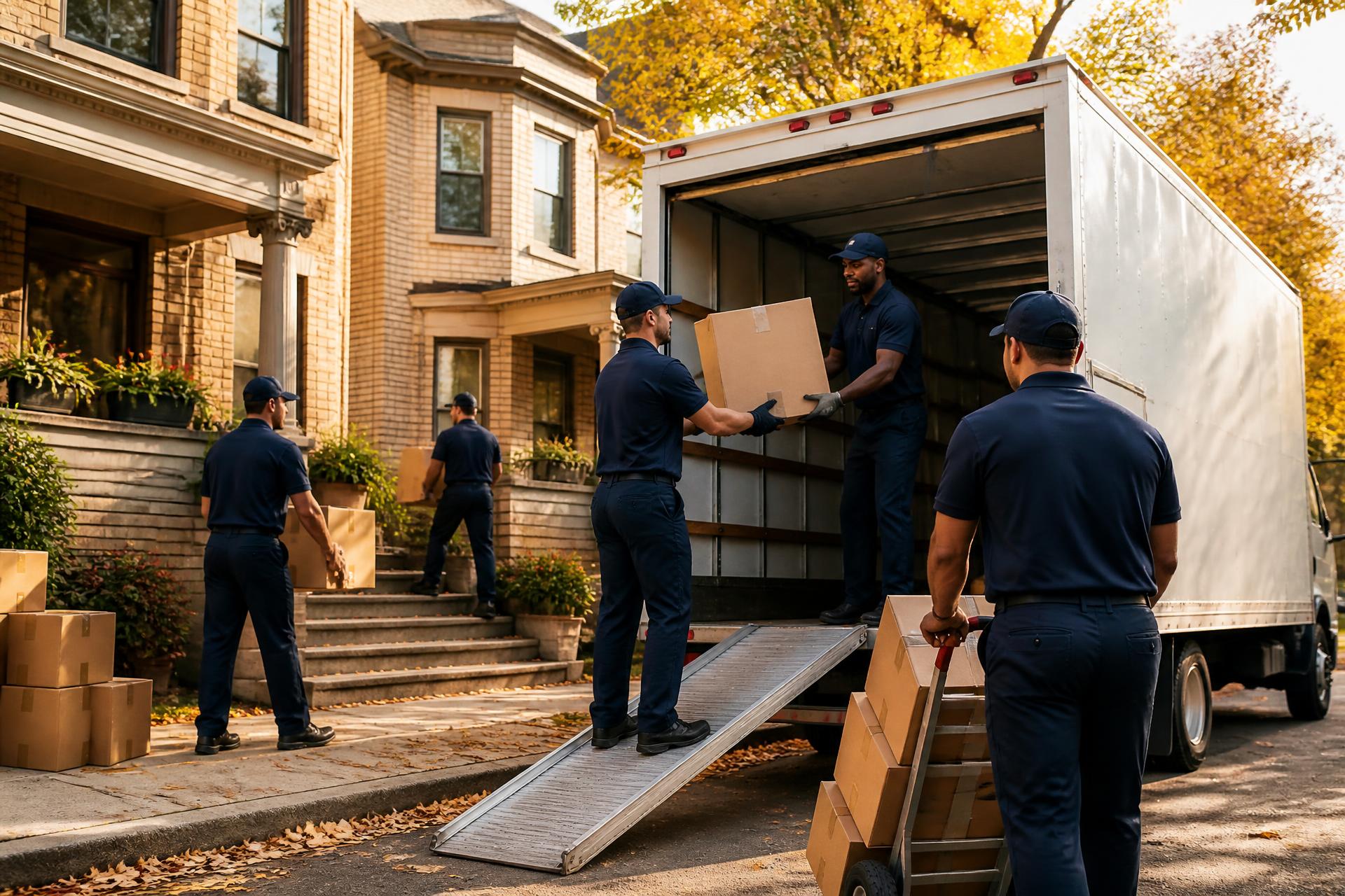 Moving crew loading a box truck outside a Milwaukee home